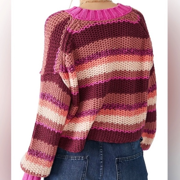 Free People Fuchsia Rose Combo Devon Open Knit Cropped Sweater Women X Small New - Picture 3 of 6